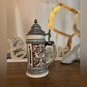 VTG 19th Century German Ceramic Lidded Beer Stein Brown& Blue Cupids